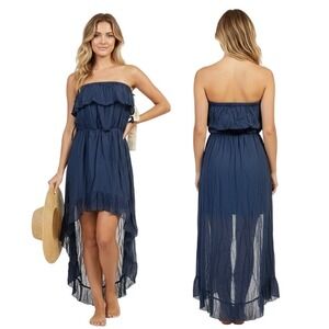 Paradise USA Dress Medium Dark Blue Chiffon Flamingo Coastal Vacation Resort NEW